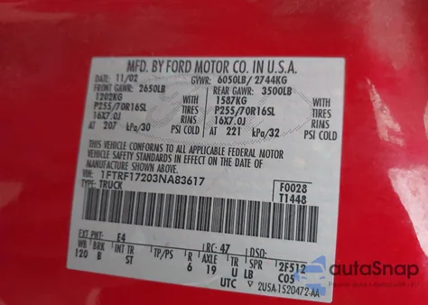 2003 Ford F-150 Xl/Xlt из США, поврежденный, VIN 1FTRF17203NA83617